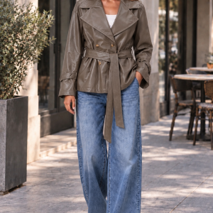 PU leather belted jacket