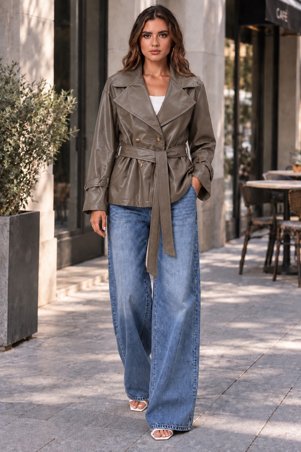 PU leather belted jacket