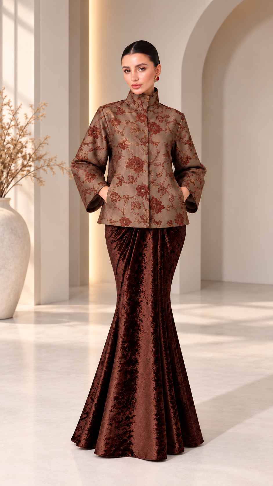 Brown velvet dress +jacquard jacket